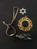Lot of Three Various Styled Alloy Pendants & One Leather Wrapped Quartz Crystal Pendant