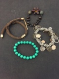 Lot of Four Various Styled Bracelets, Woven Yarn, Rustic Coin Motif, Green Beaded & Carved Wood