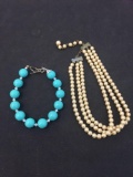 Lot of Two Bracelets, One Triple Strand Faux Pearl & One Faux Turquoise