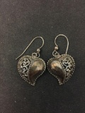Jezlaine Designed Pair of Vintage Filigree Sterling Silver Heart Drop Earrings