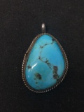 Tumbled High Polished 27x20mm Turquoise Cabochon Vintage Sterling Silver Pendant