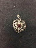 DBJ Designed Vintage 20x20x10mm Marcasite & Heart Garnet Accented Sterling Silver Locket Pendant