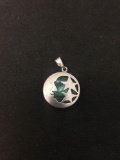 Round 16mm Labradorite Cabochon w/ Star Crescent Man in the Moon Motif Sterling Silver Pendant