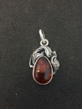 Teardrop Fashioned 14x9mm Amber Cabochon Old Pawn Native American Motif Sterling Silver Pendant