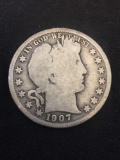 1907-S United States Barber Silver Half Dollar - 90% Silver Coin