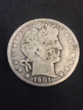 1901 United States Barber Silver Half Dollar - 90% Silver Coin