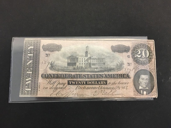 1964 Confederate $20 Bill Currency Note - No Information on Authenticity