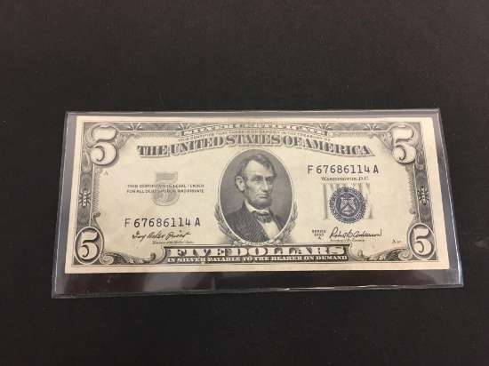1953-A United States $5 Lincoln Silver Certificate Bill Currency Note