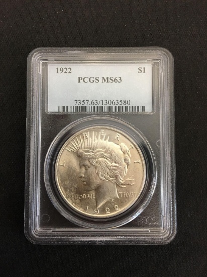 PCGS Graded 1922 United States Peace Silver Dollar - MS 63