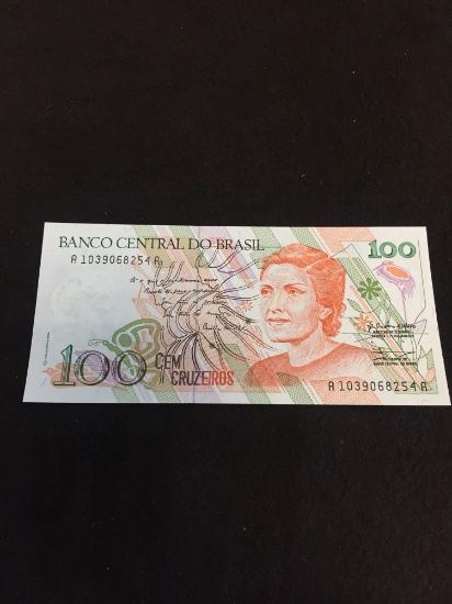 Brazil 100 Cruzeiros Banco Central Do Brasil Uncirculated Note Vintage Paper Money Banknote Currency