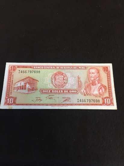 Peru 1976 10 Soles De Oro Note Vintage Paper Money Banknote Currency Bill