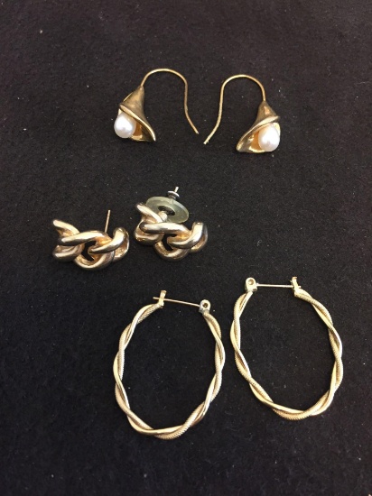 Lot of Three Gold-Tone Fashion Matched Pairs of Earrings, Two Braid Style & One Floral Faux Pearl
