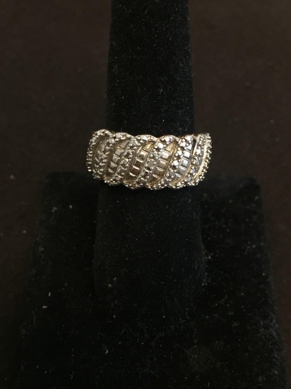 Two-Tone Faux Diamond "S" Ribbon Sterling Silver Fashion Ring Band w/ One Diamond Accent - Size 8