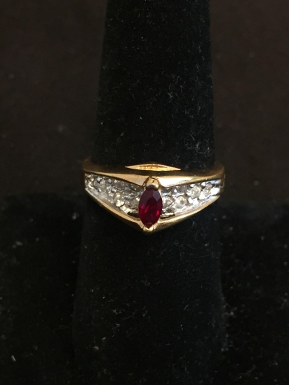 Marquise Faceted 6x3mm Tension Set Garnet Above Zircon Cluster 18Kt Gold-Filled Engagement Ring Band