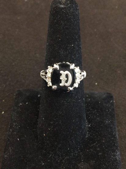 Oval Onyx Top w/ Initial "D" 18Kt White Gold Filled Zircon Accented Ring Band - Size 6.5