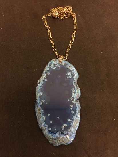 Elongated 5x2" Dyed Blue Agate Geode Slice Pendant w/ Gold-Tone 28" Figaro Link Chain