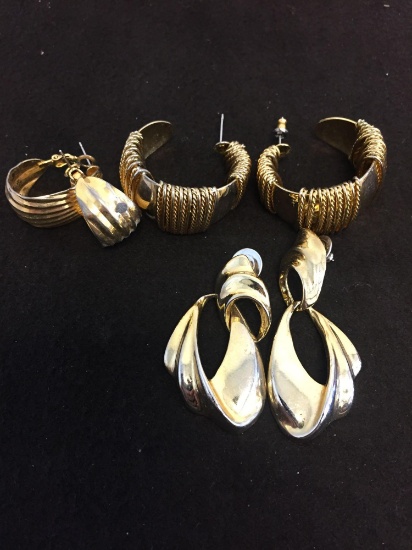 Lot of Three Gold-Tone Various Styled Large Matched Pair of Fashion Earrings