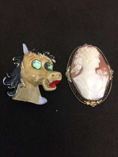Lot of Two Large Various Styled Brooches, One Faux Cameo & One Hand-Painted Horse Head