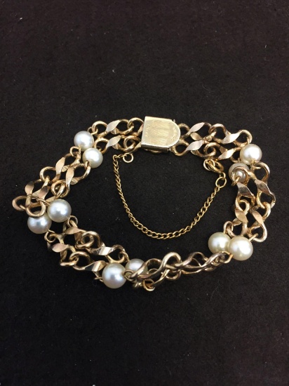 Winard 5 Designed Pearl Accented Double Link 12Kt Gold-Filled 8" Bracelet