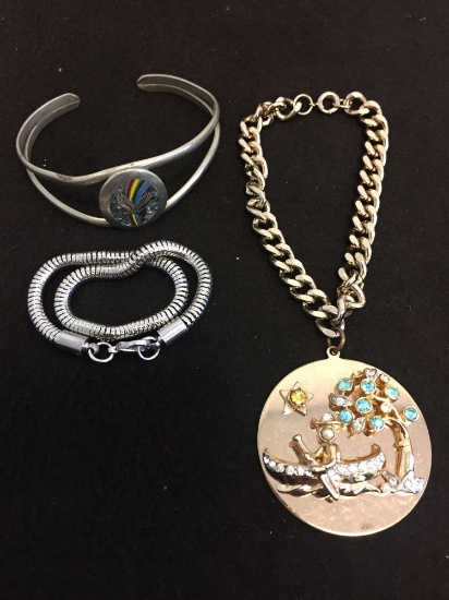 Lot of Three Bracelets, One Silver-Tone Snake Link, One Abalone Inlaid Silver-Tone Cuff & One