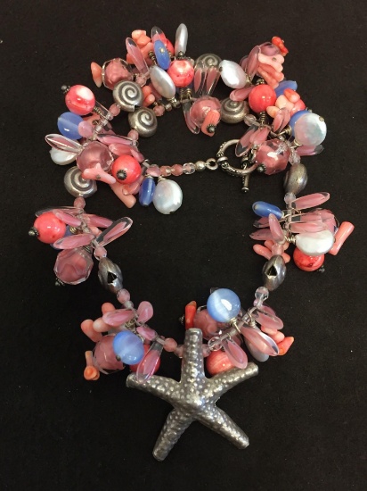 Large Nickell Silver Starfish Pendant w/ Coral, Mother of Pearl & Glass Beaded 16" Fashion Necklace