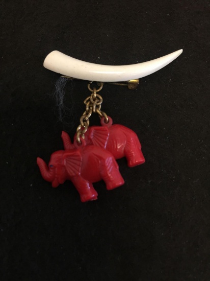 Faux Ivory Tusk & Red Coral Elephant Motif Brooch