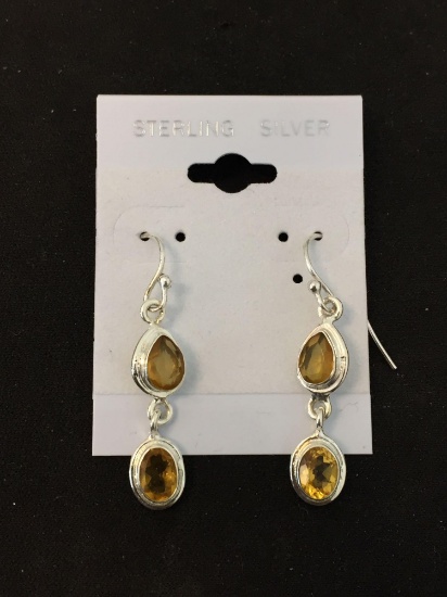 New! Oval & Pear Faceted Citrine Accented Pair of Sterling Silver 1.5" Drop Earrings - SRP $39