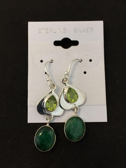 New! Gorgeous Oval Faceted Natural Green African Emerald w/ Peridot Accent Pair of Sterling Silver 1