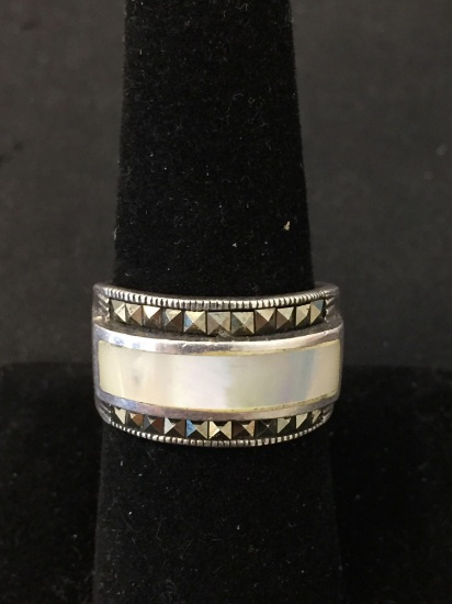 Rounded Rectangular 20x5mm Mother of Pearl Inlaid Marcasite Accented Sterling Silver Ring Band -