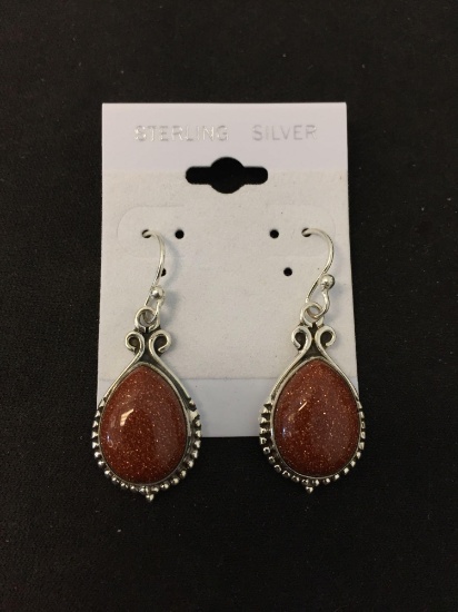 New! Matched Pair of 1 1/8" Detailed Gold Sandstone Sterling Silver Drop Earrings - SRP $39