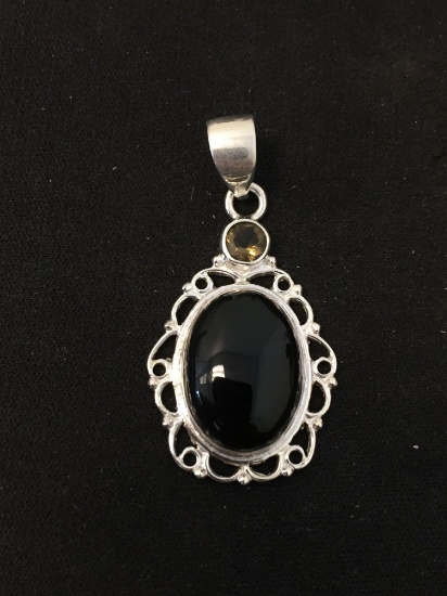 New! Oval Onyx Cabochon w/ Smokey Quartz Accented Sterling Silver Detailed 1.5" Pendant - SRP $ 49