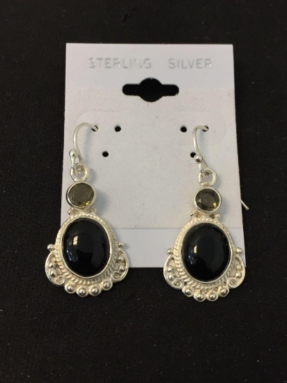 New! Amazing Matched Pair of Oval Onyx Cabochon w/ Smokey Quartz Accent Detailed Sterling Silver 1