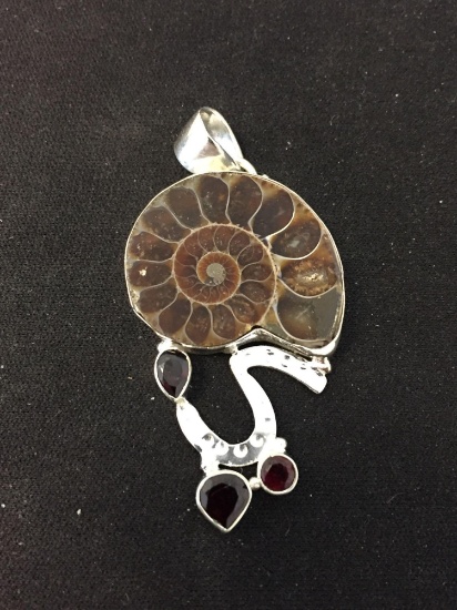 New! Fossilized Ammonite Shell w/ Garnet Accents 2.25" Sterling Silver Pendant - SRP $49