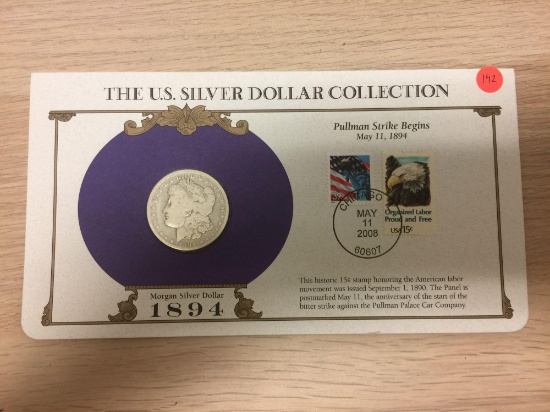 1894-O United States Morgan Silver Dollar on Display Card with Stamps