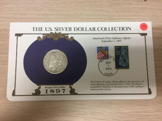 1897-O United States Morgan Silver Dollar on Display Card with Stamps