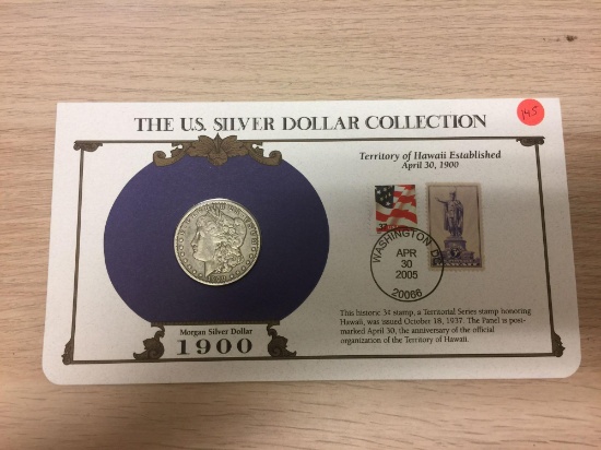 1900 United States Morgan Silver Dollar on Display Card with Stamps