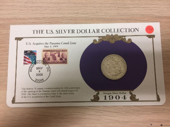 1904 United States Morgan Silver Dollar on Display Card with Stamps