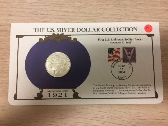 1921 United States Morgan Silver Dollar on Display Card with Stamps