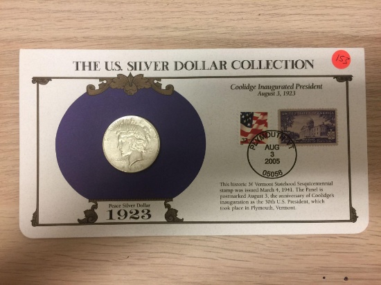1923-S United States Peace Silver Dollar on Display Card with Stamps