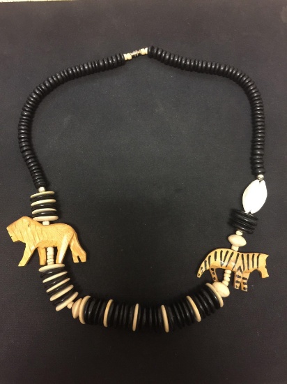 Large Lion & Zebra African Style Wood Necklace