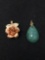 Lot of Two Petite Pendants, One 13mm Long Green Jade & One Black Hill Gold Motif Rose Blossom