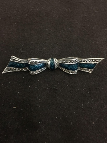 ACI Designed 3" Long Blue Enamel & Marcasite Accented Sterling Silver Ribbon Brooch