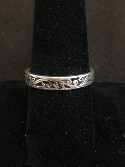 Antique Finished Floral Filigree 4mm Wide Tapered Sterling Silver Band- Size 8