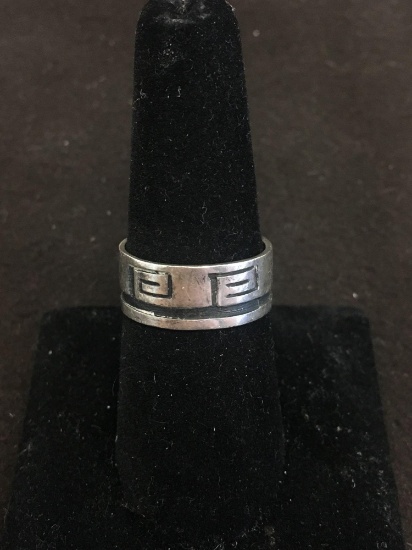 Antique Finished Greek Key Motif 8mm Wide Sterling Silver Cigar Band - Size 8