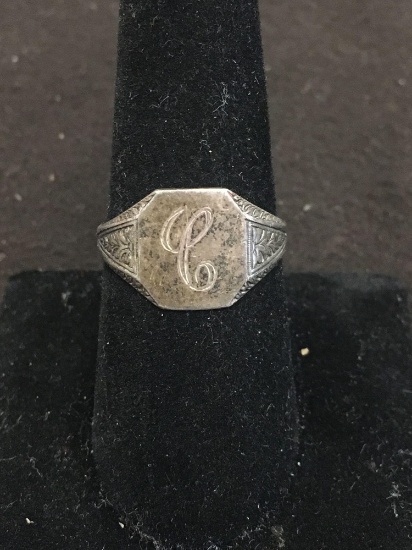 Engravable 12mm Long Vintage Filigree Accented Sterling Silver Signet Ring Band - Size 8