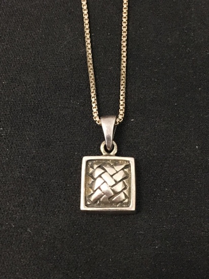 Square Woven Motif Sterling Silver Pendant w/ 18" Box Chain