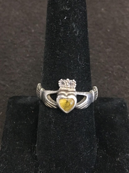 Heart Faceted 5mm Citrine Accented Sterling Silver Claddagh Ring Band - Size 8