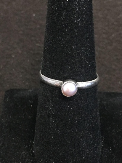 Bezel Set 4mm Round Pearl Sterling Silver Ring Band - Size 7