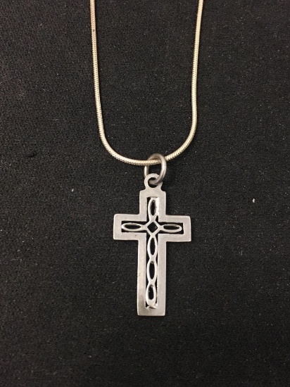 Celtic Knot Accented 1" Long Sterling Silver Cross Pendant w/ 18" Snake Chain