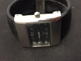 Rectangular 25x17mm Black Face Stainless Steel Bezel Watch w/ Leather Cuff Bracelet